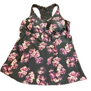 Torrid Floral Tankini Swim Top Black Purple Pink Rose Racerback Size 1 15898847